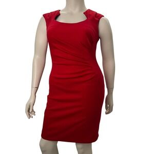 Calvin Klein Red Sheath Dress Ruched Side Cap Sleeve Square Neck Career 12